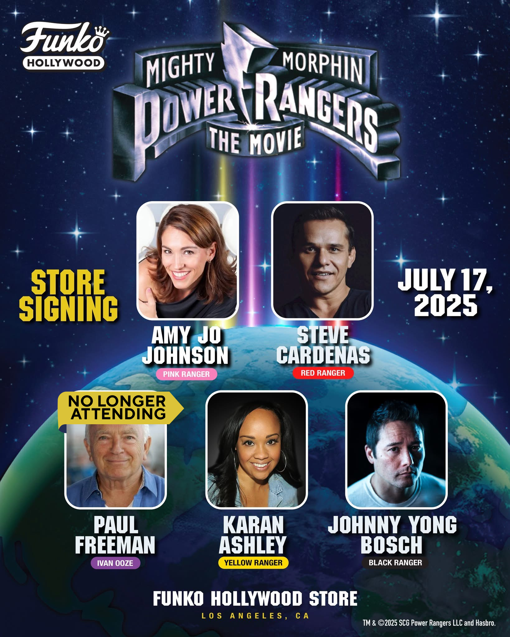 A promotional image for the store signing taking place at Funko Hollywood. Cast headshots of Amy Jo Johnson (Pink Ranger), Steve Cardenas (Red Ranger), Paul Freeman (Ivan Ooze), Karen Ashley (Yellow Ranger), and Johnny Yong Bosch (Black Ranger) appear on a starry background.
